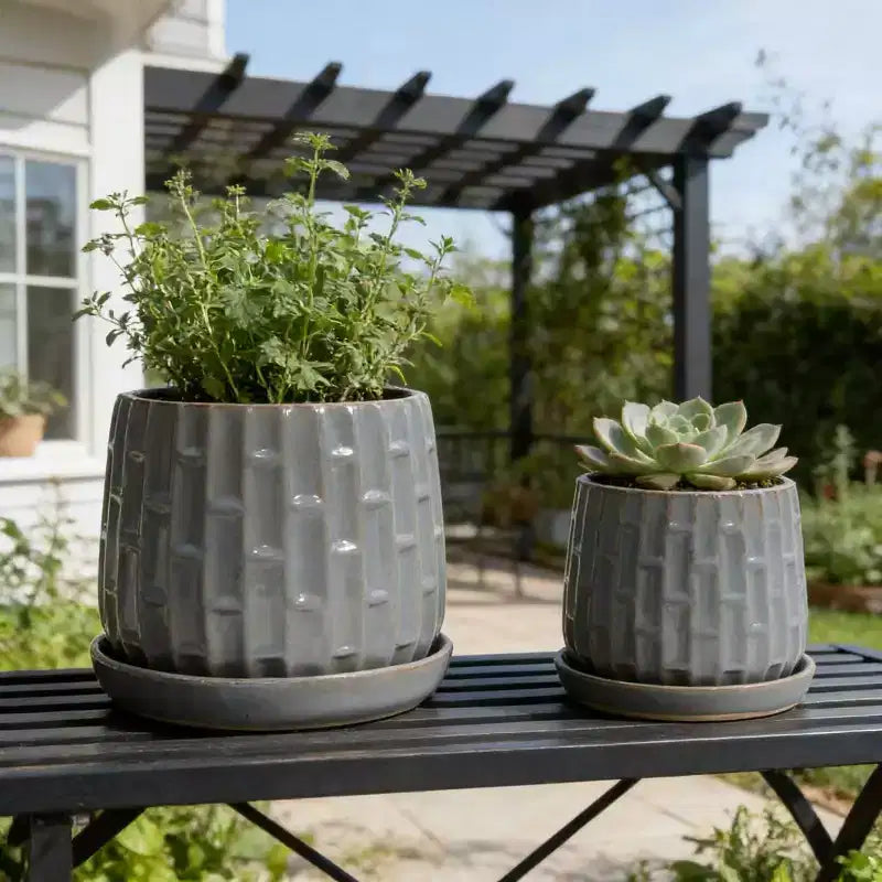 Set of 2 5.71 x 5.31 Gray Ribbed Ceramic Planter Set Indoor Outdoor Flower Pots for Herbs, Flowers & Succulents