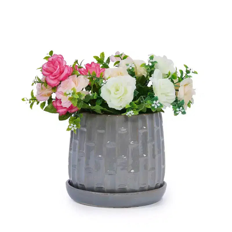 Set of 2 5.71 x 5.31 Gray Ribbed Ceramic Planter Set Indoor Outdoor Flower Pots for Herbs, Flowers & Succulents