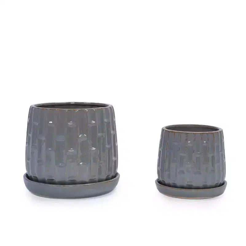 Set of 2 5.71 x 5.31 Gray Ribbed Ceramic Planter Set Indoor Outdoor Flower Pots for Herbs, Flowers & Succulents