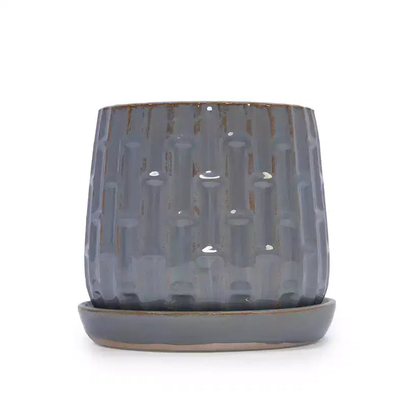 Set of 2 5.71 x 5.31 Gray Ribbed Ceramic Planter Set Indoor Outdoor Flower Pots for Herbs, Flowers & Succulents