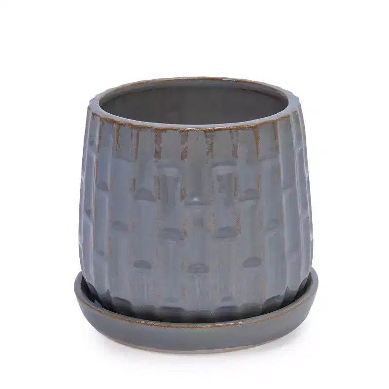Set of 2 5.71 x 5.31 Gray Ribbed Ceramic Planter Set Indoor Outdoor Flower Pots for Herbs, Flowers & Succulents