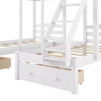 Whisen Triple Bunk Bed, Full over Twin & Twin Bunk Bed with Solid Pine Wood Frame, Storage Drawers, Shelves and Safety Guardrails - White