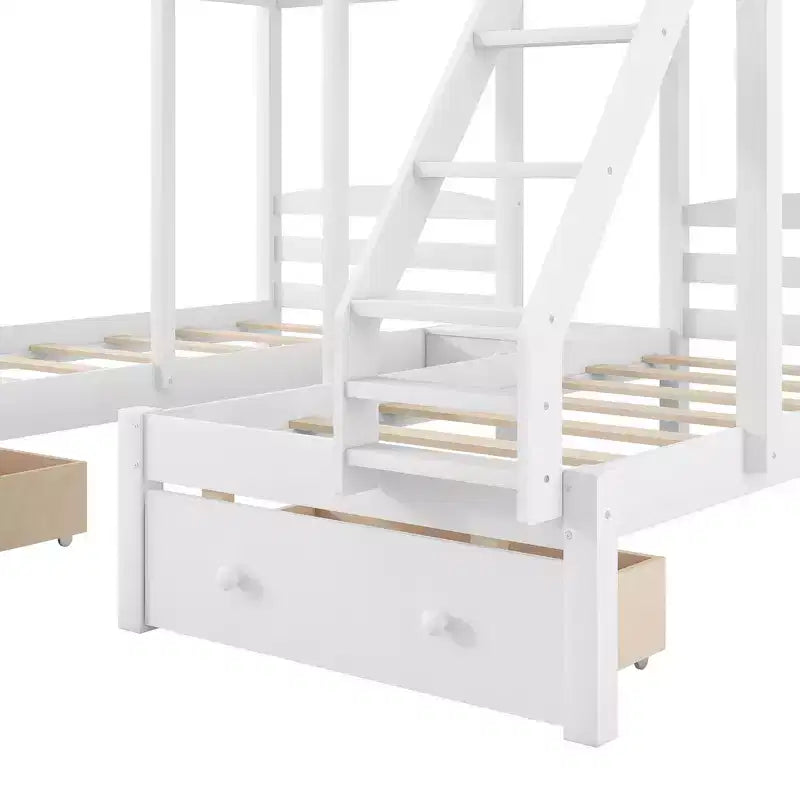Whisen Triple Bunk Bed, Full over Twin & Twin Bunk Bed with Solid Pine Wood Frame, Storage Drawers, Shelves and Safety Guardrails - White