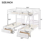 Whisen Triple Bunk Bed, Full over Twin & Twin Bunk Bed with Solid Pine Wood Frame, Storage Drawers, Shelves and Safety Guardrails - White