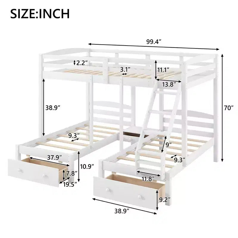 Whisen Triple Bunk Bed, Full over Twin & Twin Bunk Bed with Solid Pine Wood Frame, Storage Drawers, Shelves and Safety Guardrails - White