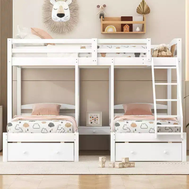 Whisen Triple Bunk Bed, Full over Twin & Twin Bunk Bed with Solid Pine Wood Frame, Storage Drawers, Shelves and Safety Guardrails - White