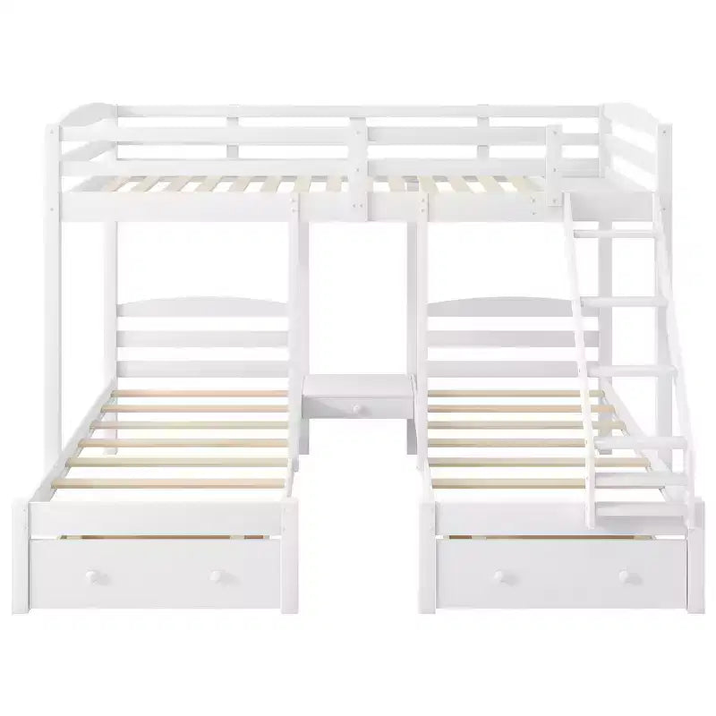 Whisen Triple Bunk Bed, Full over Twin & Twin Bunk Bed with Solid Pine Wood Frame, Storage Drawers, Shelves and Safety Guardrails - White