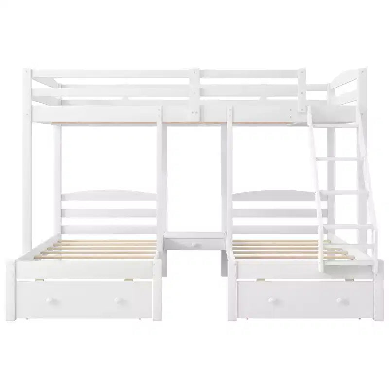 Whisen Triple Bunk Bed, Full over Twin & Twin Bunk Bed with Solid Pine Wood Frame, Storage Drawers, Shelves and Safety Guardrails - White