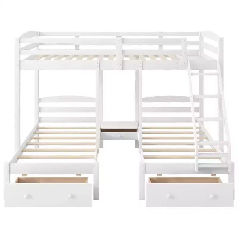 Whisen Triple Bunk Bed, Full over Twin & Twin Bunk Bed with Solid Pine Wood Frame, Storage Drawers, Shelves and Safety Guardrails - White