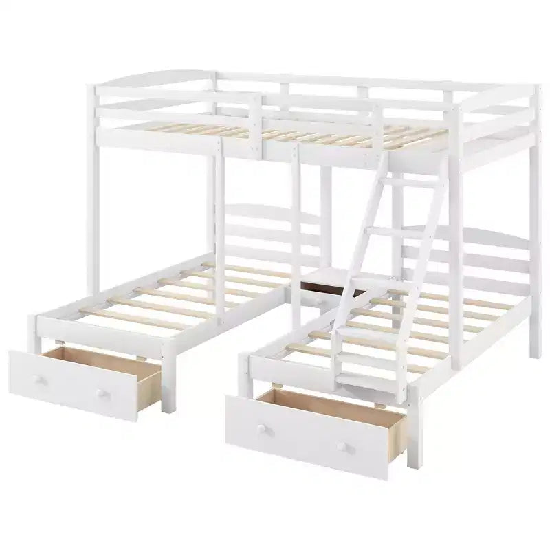 Whisen Triple Bunk Bed, Full over Twin & Twin Bunk Bed with Solid Pine Wood Frame, Storage Drawers, Shelves and Safety Guardrails - White