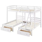 Whisen Triple Bunk Bed, Full over Twin & Twin Bunk Bed with Solid Pine Wood Frame, Storage Drawers, Shelves and Safety Guardrails - White