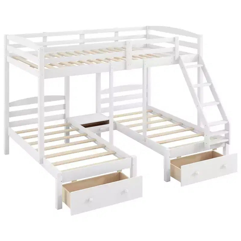 Whisen Triple Bunk Bed, Full over Twin & Twin Bunk Bed with Solid Pine Wood Frame, Storage Drawers, Shelves and Safety Guardrails - White