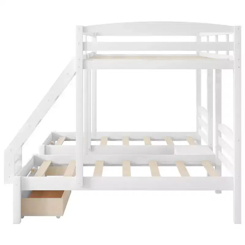 Whisen Triple Bunk Bed, Full over Twin & Twin Bunk Bed with Solid Pine Wood Frame, Storage Drawers, Shelves and Safety Guardrails - White