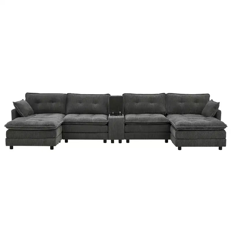 GDFStudio Ara Modern 154 U-Shaped Wooden Corduroy Upholstered Sectional Sofa with Ottoman, USB and Cup Holder