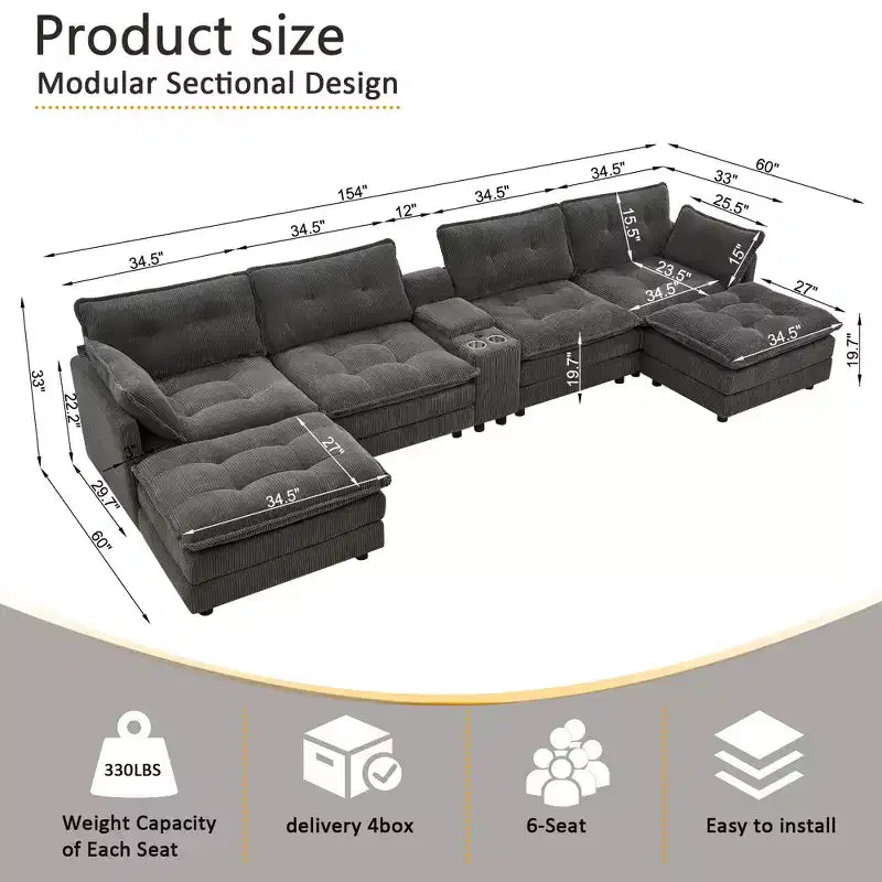 GDFStudio Ara Modern 154 U-Shaped Wooden Corduroy Upholstered Sectional Sofa with Ottoman, USB and Cup Holder