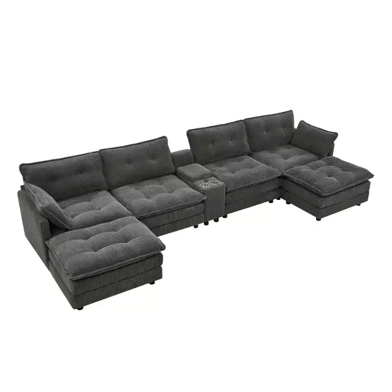 GDFStudio Ara Modern 154 U-Shaped Wooden Corduroy Upholstered Sectional Sofa with Ottoman, USB and Cup Holder