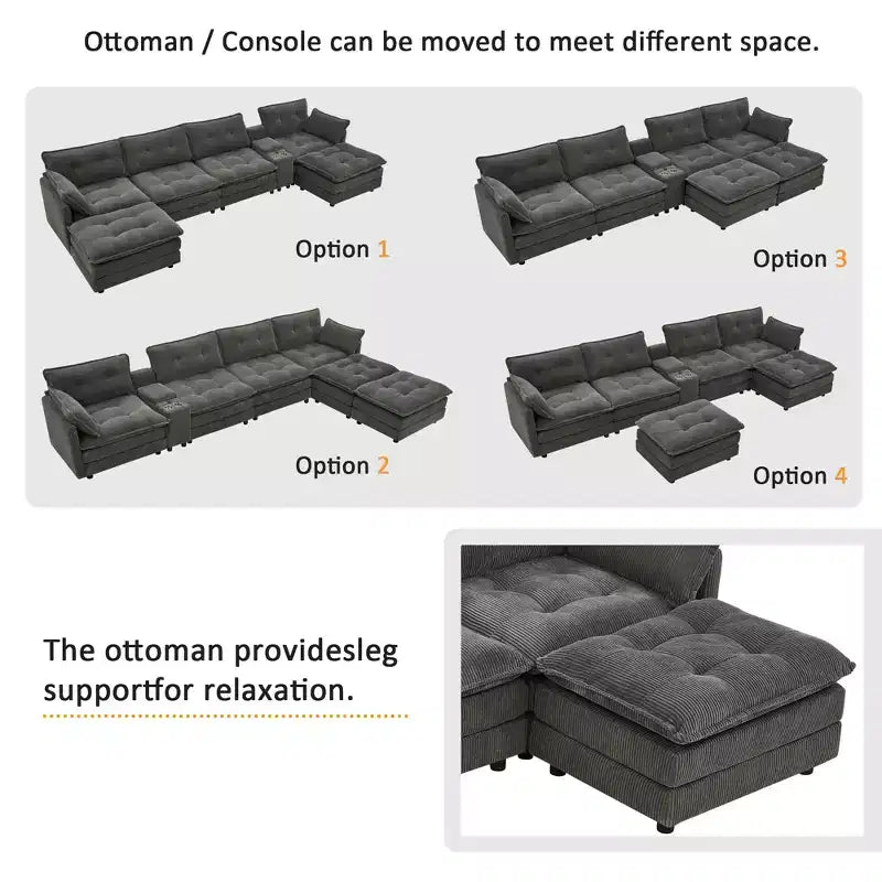 GDFStudio Ara Modern 154 U-Shaped Wooden Corduroy Upholstered Sectional Sofa with Ottoman, USB and Cup Holder