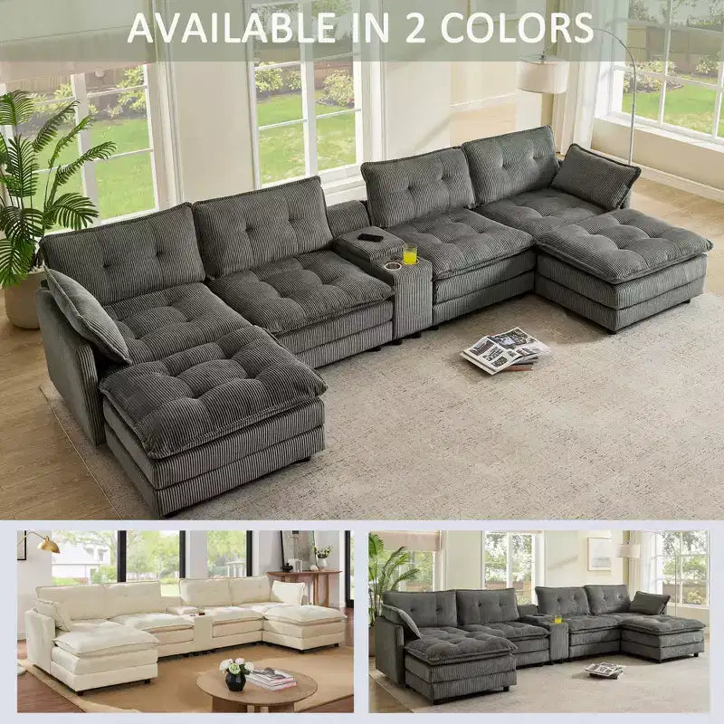 GDFStudio Ara Modern 154 U-Shaped Wooden Corduroy Upholstered Sectional Sofa with Ottoman, USB and Cup Holder