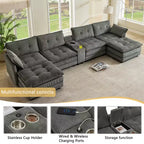 GDFStudio Ara Modern 154 U-Shaped Wooden Corduroy Upholstered Sectional Sofa with Ottoman, USB and Cup Holder
