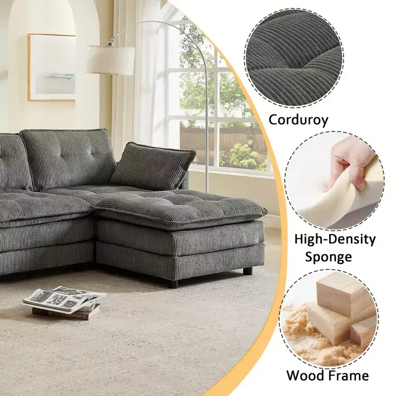 GDFStudio Ara Modern 154 U-Shaped Wooden Corduroy Upholstered Sectional Sofa with Ottoman, USB and Cup Holder