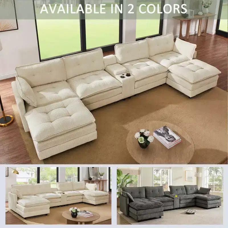 GDFStudio Ara Modern 154 U-Shaped Wooden Corduroy Upholstered Sectional Sofa with Ottoman, USB and Cup Holder