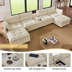 GDFStudio Ara Modern 154 U-Shaped Wooden Corduroy Upholstered Sectional Sofa with Ottoman, USB and Cup Holder