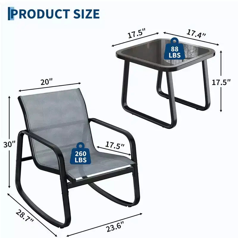 3 Piece Outdoor Rocking Bistro Set with Side Table, Patio Conversation Set with 2 Breathable Mesh Rocking Chairs, All-Weather Porch Furniture