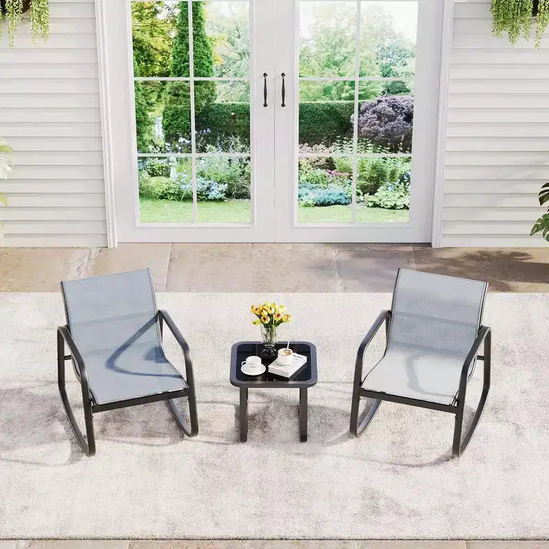 3 Piece Outdoor Rocking Bistro Set with Side Table, Patio Conversation Set with 2 Breathable Mesh Rocking Chairs, All-Weather Porch Furniture