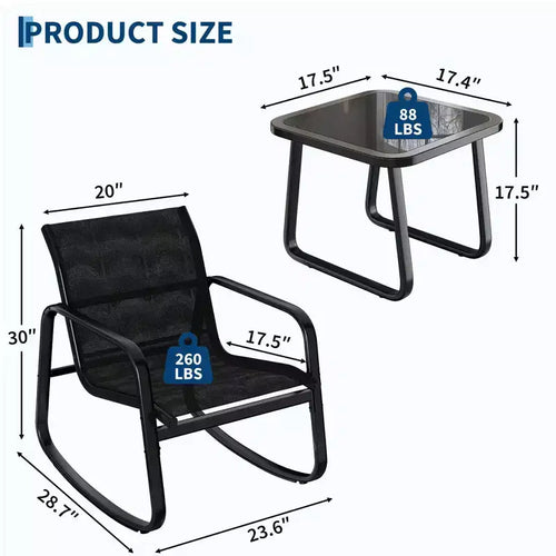 3 Piece Outdoor Rocking Bistro Set with Side Table, Patio Conversation Set with 2 Breathable Mesh Rocking Chairs, All-Weather Porch Furniture