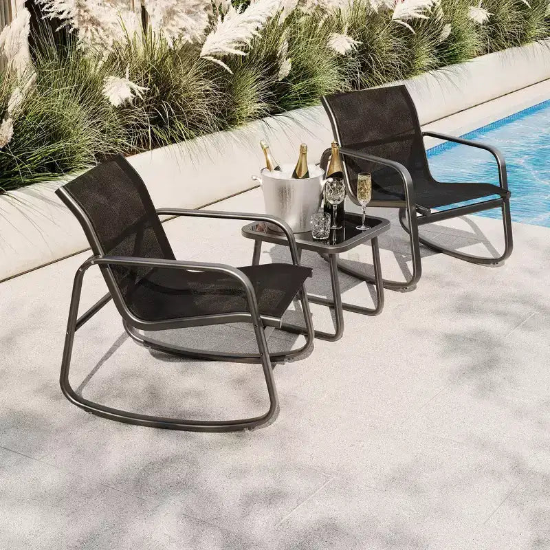 3 Piece Outdoor Rocking Bistro Set with Side Table, Patio Conversation Set with 2 Breathable Mesh Rocking Chairs, All-Weather Porch Furniture
