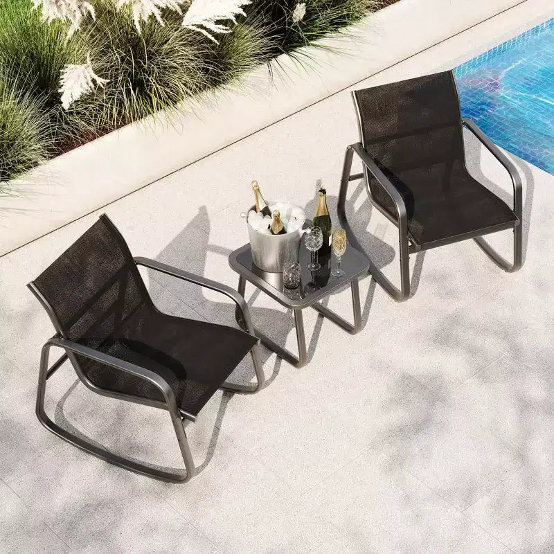 3 Piece Outdoor Rocking Bistro Set with Side Table, Patio Conversation Set with 2 Breathable Mesh Rocking Chairs, All-Weather Porch Furniture