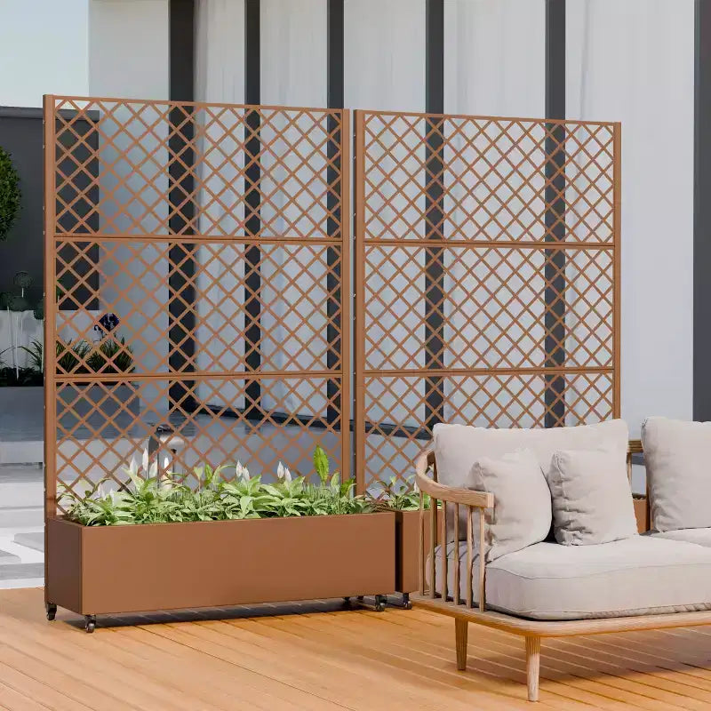 Metal Privacy Screen Trellis Planter with Raised Garden Bed Freestanding Privacy Screen Planter with Lockable Wheels Movable Outdoor Indoor Planter