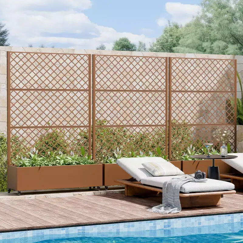 Metal Privacy Screen Trellis Planter with Raised Garden Bed Freestanding Privacy Screen Planter with Lockable Wheels Movable Outdoor Indoor Planter