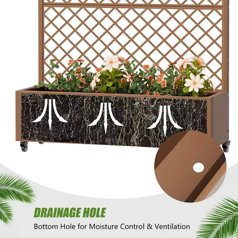 Metal Privacy Screen Trellis Planter with Raised Garden Bed Freestanding Privacy Screen Planter with Lockable Wheels Movable Outdoor Indoor Planter