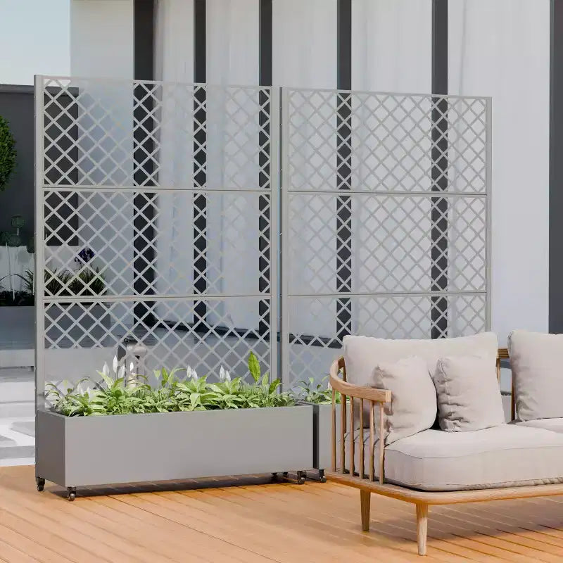 Metal Privacy Screen Trellis Planter with Raised Garden Bed Freestanding Privacy Screen Planter with Lockable Wheels Movable Outdoor Indoor Planter