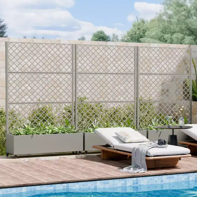 Metal Privacy Screen Trellis Planter with Raised Garden Bed Freestanding Privacy Screen Planter with Lockable Wheels Movable Outdoor Indoor Planter