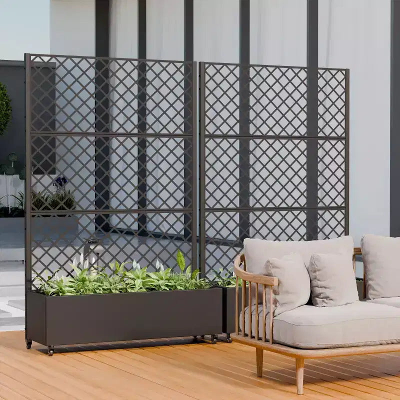 Metal Privacy Screen Trellis Planter with Raised Garden Bed Freestanding Privacy Screen Planter with Lockable Wheels Movable Outdoor Indoor Planter