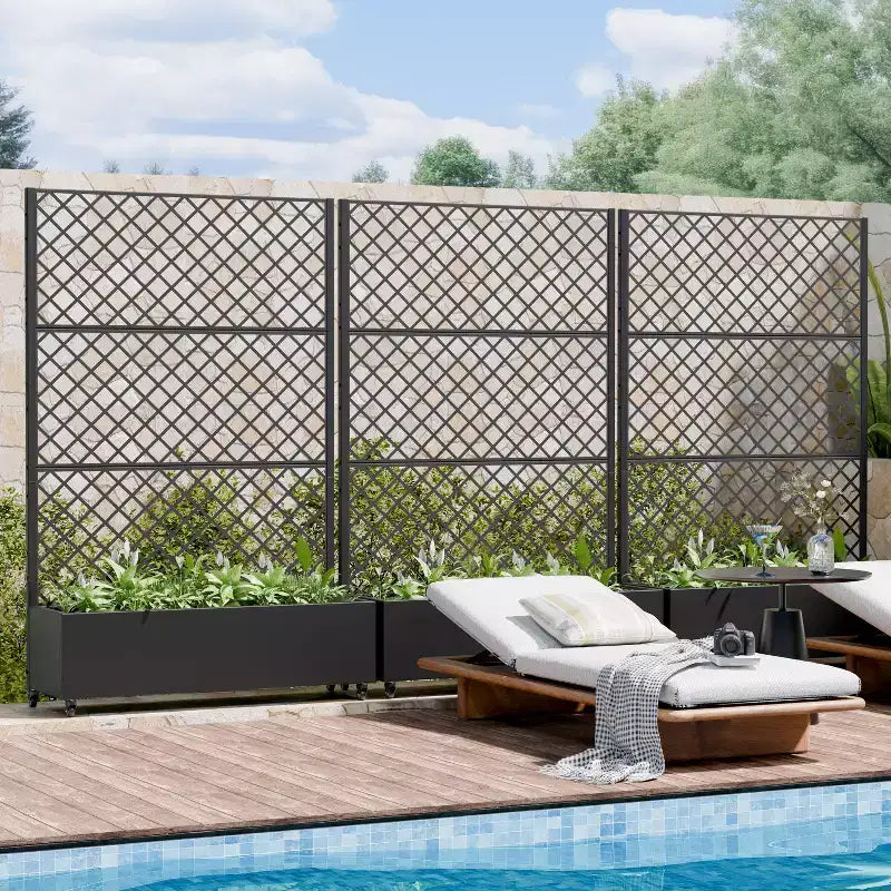 Metal Privacy Screen Trellis Planter with Raised Garden Bed Freestanding Privacy Screen Planter with Lockable Wheels Movable Outdoor Indoor Planter