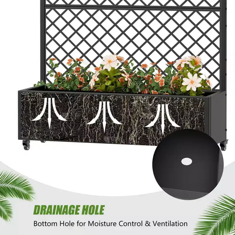Metal Privacy Screen Trellis Planter with Raised Garden Bed Freestanding Privacy Screen Planter with Lockable Wheels Movable Outdoor Indoor Planter