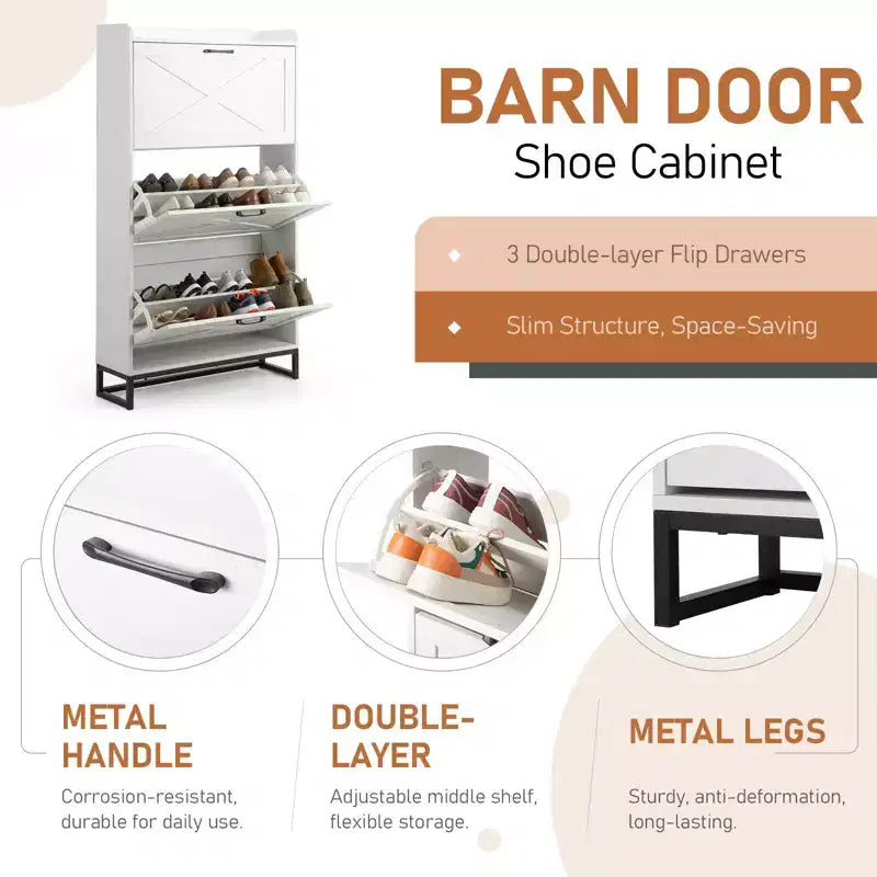 Karl Home 3-Drawer Barn Door Shoe Cabinet With Top Baffle