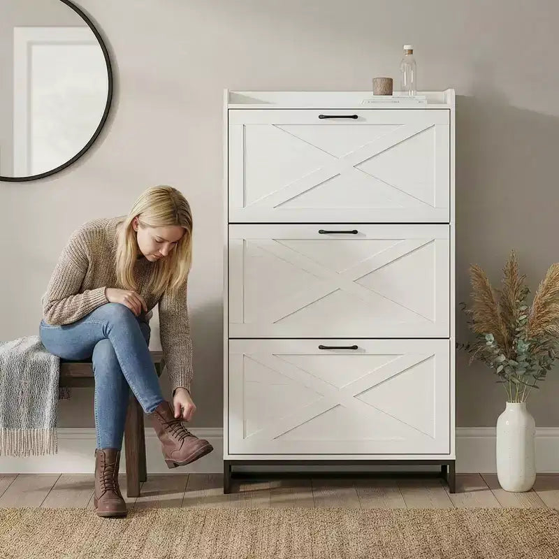Karl Home 3-Drawer Barn Door Shoe Cabinet With Top Baffle