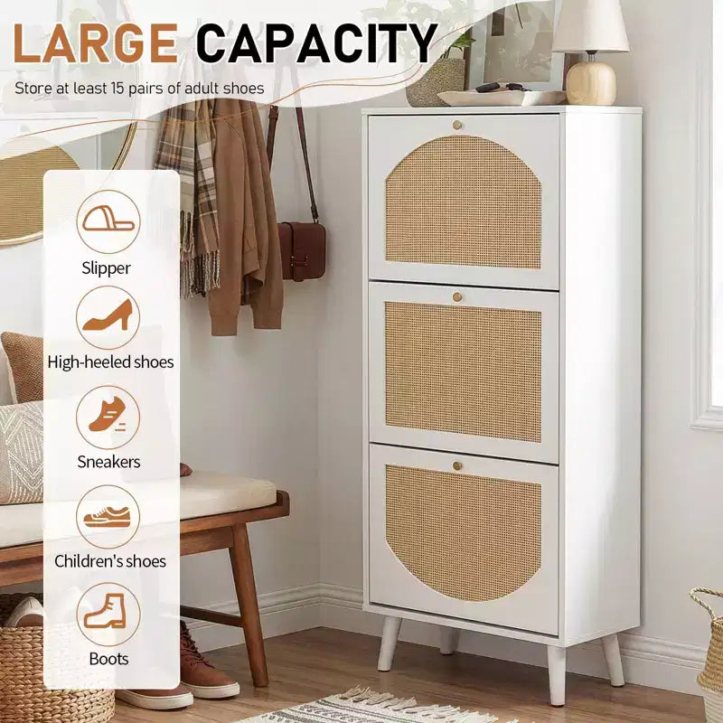 Karl Home Rattan Panel 3 Flip-Drawer Shoe Cabinet 21.26 W