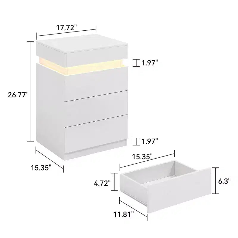 Designed for everyday convenience, this Nightstand with Built-In Charging Station and LED Lighting, 3-Drawer Sliding-Top Modern Bedside Table,.