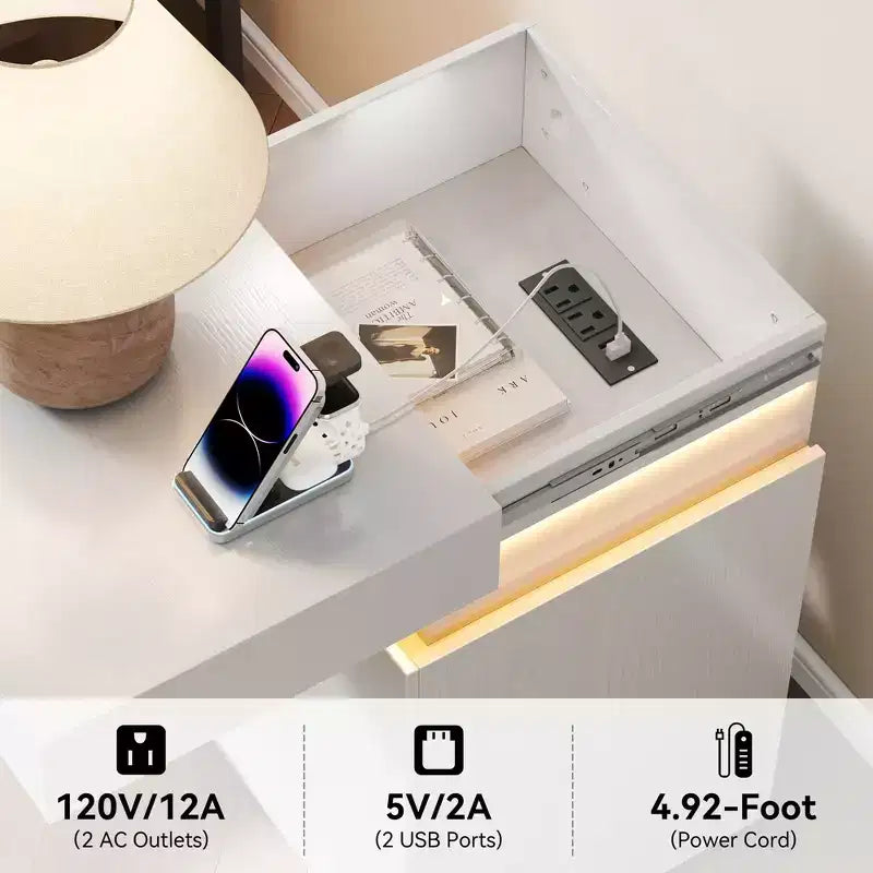 Designed for everyday convenience, this Nightstand with Built-In Charging Station and LED Lighting, 3-Drawer Sliding-Top Modern Bedside Table,.