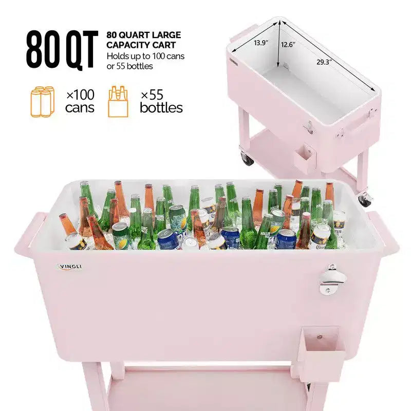 Karl Home 80 qt. Pink Outdoor Rolling Cooler Cart