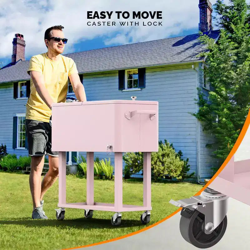 Karl Home 80 qt. Pink Outdoor Rolling Cooler Cart