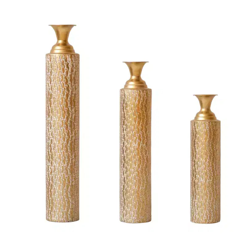 NAYSAYE 3-Piece Metal Decorative Vases, Distressed Vine Pattern Design for Stylish Home Decor Centerpieces, Antique Gold, 21.02*7.99*35.98