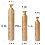 NAYSAYE 3-Piece Metal Decorative Vases, Distressed Vine Pattern Design for Stylish Home Decor Centerpieces, Antique Gold, 21.02*7.99*35.98