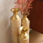 NAYSAYE 3-Piece Metal Decorative Vases, Distressed Vine Pattern Design for Stylish Home Decor Centerpieces, Antique Gold, 21.02*7.99*35.98