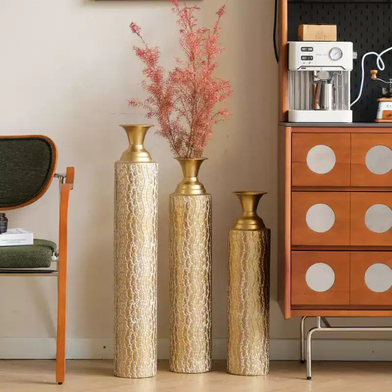 NAYSAYE 3-Piece Metal Decorative Vases, Distressed Vine Pattern Design for Stylish Home Decor Centerpieces, Antique Gold, 21.02*7.99*35.98
